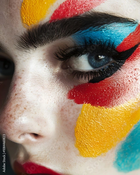 Fototapeta Close-up of a woman's eye with vibrant, abstract makeup. Bold colors and a striking look.