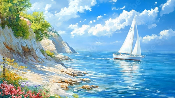 Fototapeta A sailboat glides across a tranquil blue sea, under a vibrant sky. The rocky shoreline is adorned with lush greenery, creating a picturesque coastal scene.