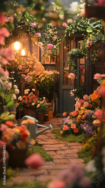 Fototapeta A whimsical garden path lined with vibrant flowers, illuminated by soft warm light.  A tranquil and enchanting scene.