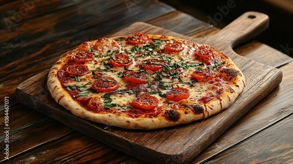 Fototapeta Delicious pizza served on a rustic wooden board, pizza, Italian food, wood, table, gourmet, cheese, tomato, crust, delicious, meal