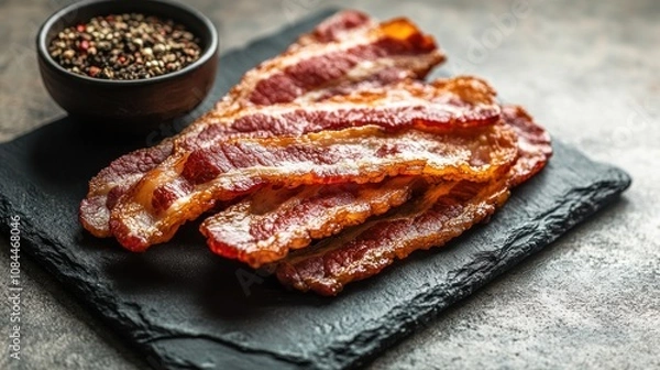 Obraz Savory strips of crispy bacon paired with a bowl of colorful peppercorns