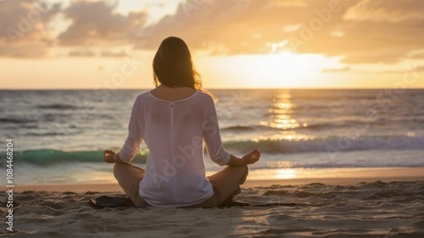 Fototapeta Sunset Meditation: A woman in deep meditation on a sandy beach at sunset, facing the ocean. The warm glow of the setting sun casts a peaceful aura over the scene.