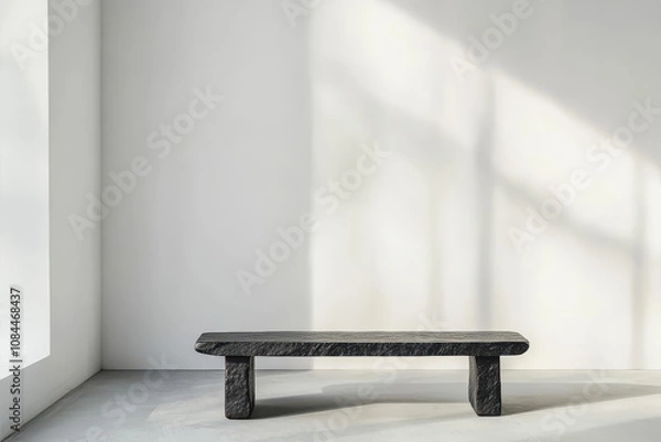 Obraz A Sleek Black Lava Stone Bench Elegantly Situated Against a Minimalist White Wall in an Inviting, Serene Space