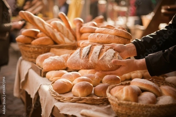 Fototapeta Freshly Baked Delights:  A close-up of a baker's hand presenting a warm, crusty loaf of bread at a bustling market, surrounded by an array of fresh baked goods.