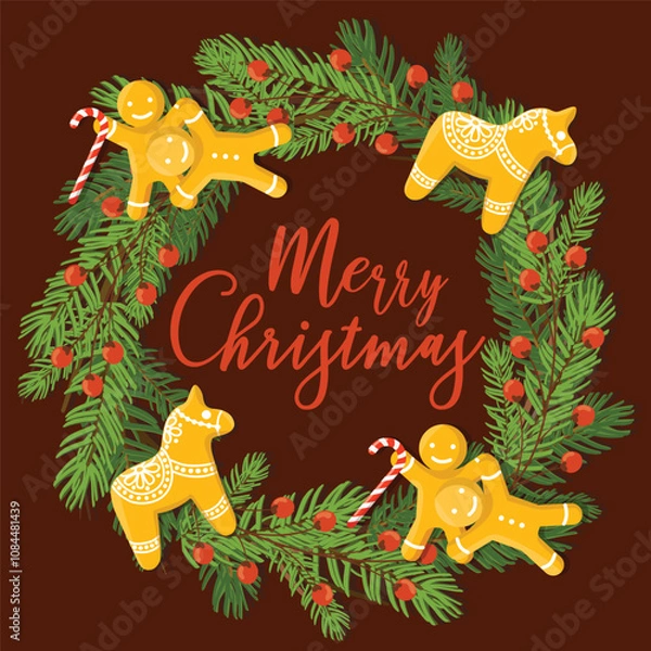 Fototapeta Hand drawn cristmas circle frame or wreath. Vector illustration