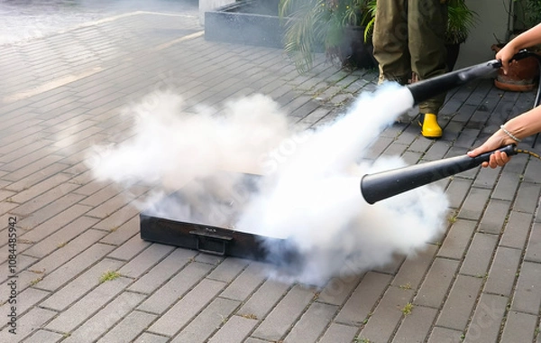 Obraz Practice extinguishing fires using a fire extinguisher.