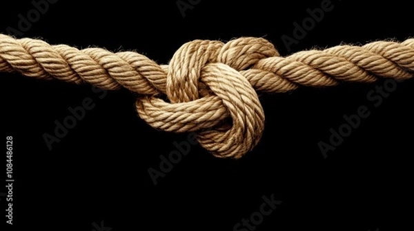 Fototapeta Close-up of a tightly tied knot in a thick, tan rope against a stark black background.  The texture and detail of the rope are sharply in focus.