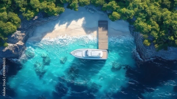 Fototapeta Breathtaking Aerial View of a Tropical Island Paradise with a Luxury Yacht Docked at a Picturesque Beach