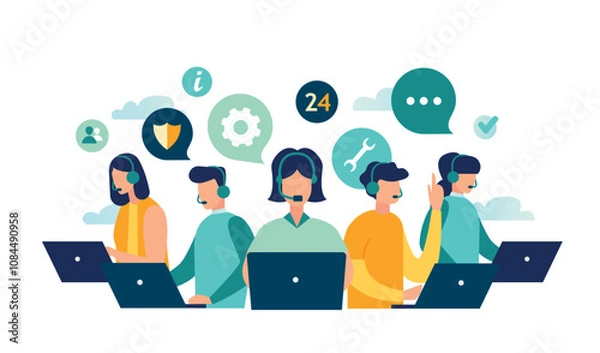 Fototapeta Customer service, hotline operators consult customers with headsets on computers, 24|7 global online technical support, Call center, call processing system, Vector illustration