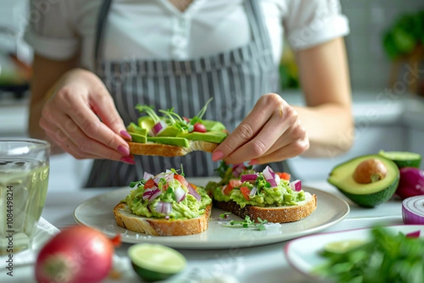 Fototapeta Close-up photo of hands placing avocado on toast, next to a plate of vegetables and red onion. A woman in an apron sits at a table in a white kitchen.