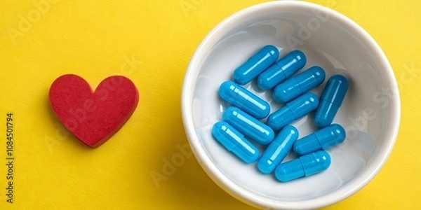Fototapeta Heart health concept with blue capsules and red heart on yellow background
