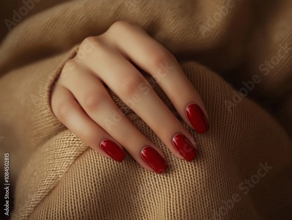 Obraz Product photo of a woman’s hand featuring bold red nail polish with a glossy finish in sharp detail