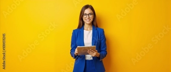 Obraz A confident businesswoman in a blue suit uses a tablet while standing against a vibrant yellow background. Her expression is focused and professional, embodying concepts of technology and success.


