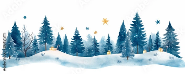 Fototapeta Watercolor illustration of a serene snowy forest filled with pine trees, golden stars, candy canes, and scattered Christmas gifts