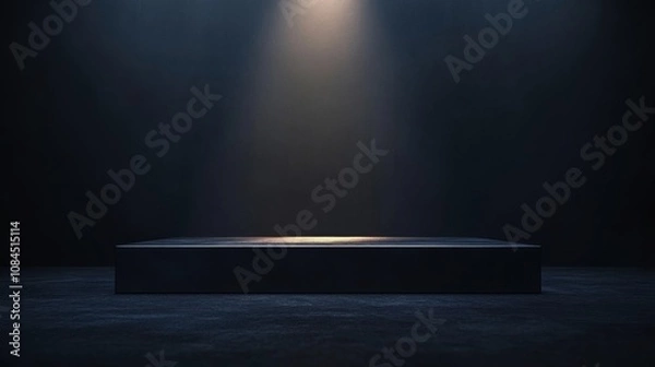 Fototapeta A sleek, minimalist podium illuminated by a single spotlight in a dark, moody room, ideal for product showcases or presentations