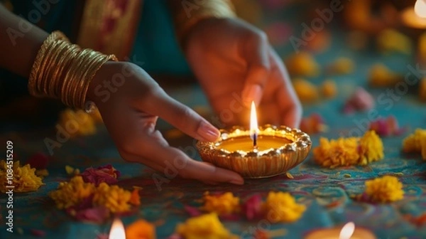 Fototapeta A close-up of hands lighting a golden diya, surrounded by vibrant marigold petals and soft candlelight during a festive celebration