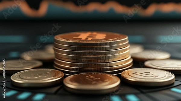Fototapeta Close-up of stacked Bitcoin coins on a digital background with market graph, symbolizing cryptocurrency investment, trading, and financial growth
