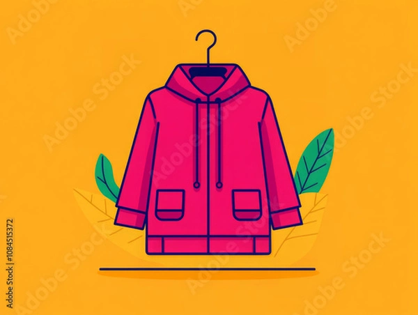 Fototapeta Bright illustration of a trendy pink hoodie on a hanger, surrounded by decorative leaves and set against a yellow background
