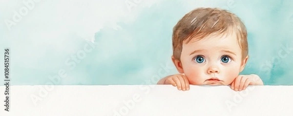 Fototapeta A sweet watercolor illustration of a baby with captivating blue eyes, peeking over a white surface against a soft aqua background