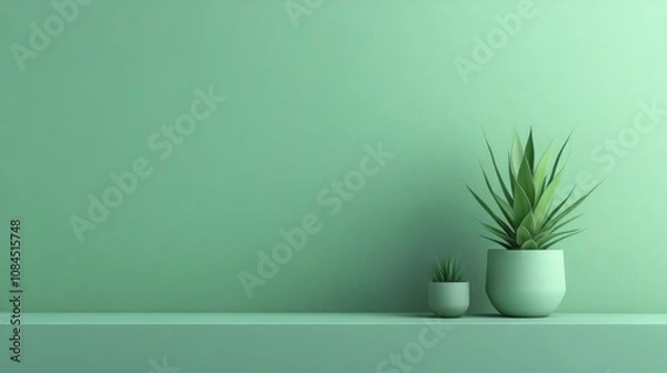 Fototapeta Two green potted plants on a simple shelf against a monochromatic mint green background, creating a clean minimalist aesthetic