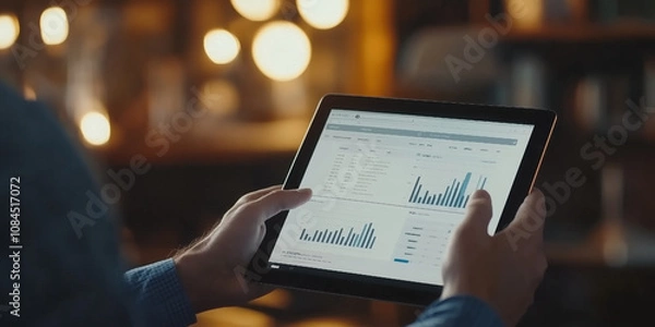 Fototapeta Businessman using tablet analyzing sales data and financial report, business growth graph chart. digital marketing planning and strategy, financial report, business, finance and investment concept