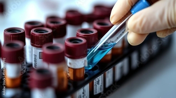 Obraz A delicate procedure involving colorful vials and careful extraction in a laboratory