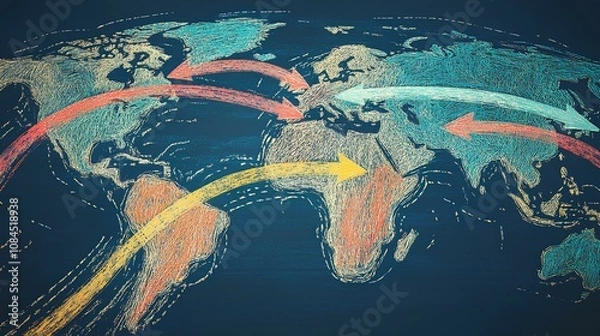 Obraz Illustrative Map Showing International Connections and Trade Routes with Colorful Arrows Indicating Movement Across Continents