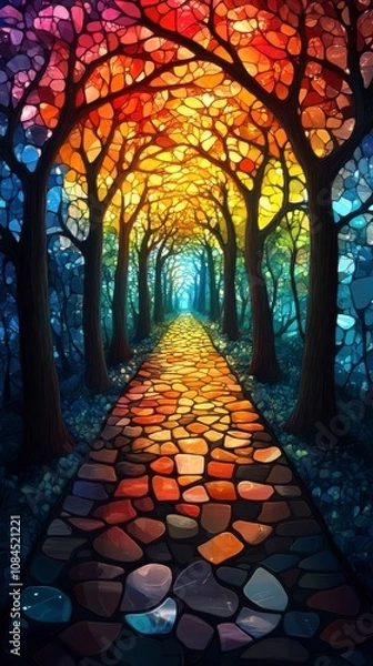 Fototapeta A Colorful Stained Glass Forest Pathway, Enchanting Stone Path Through Trees