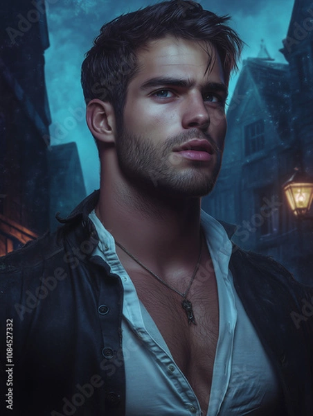 Fototapeta portrait of a man at night in a town street - generative ai