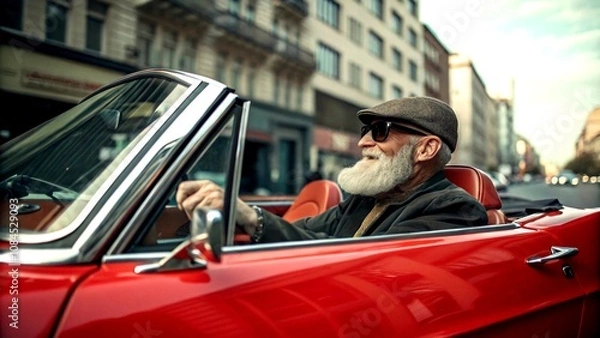 Fototapeta Vintage Style Photography of a Bearded Senior Man Driving a Red Convertible Car in Motion on a City Street, Capturing the Essence of Active Senior Life with a Retro Flair