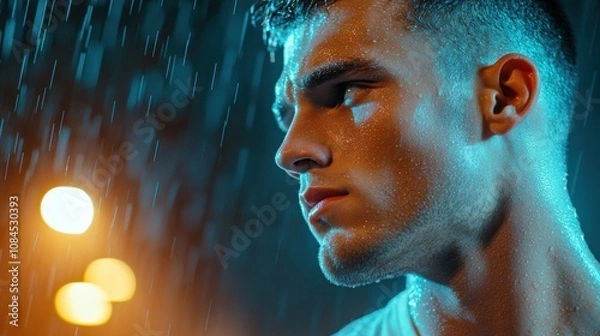 Fototapeta Young man in the rain, illuminated by city lights, looks contemplative and determined, AI