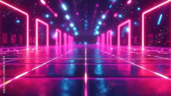 Fototapeta Neon grid background with a retro futuristic 80's vibe, neon lights