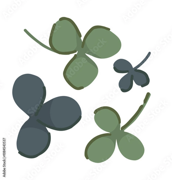 Fototapeta Abstract clover plant leaves set. Simple shamrock leaf in cartoon style. Botanical clip art isolated on white. Vector illustration.