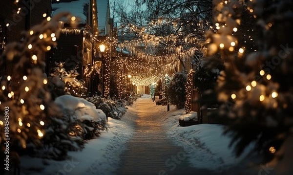 Fototapeta A street with lights on the trees and a path