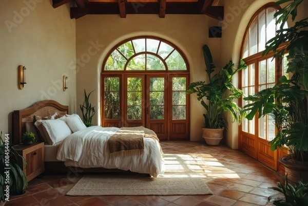 Obraz a modern, Spanish style bedroom with travertine tiles, lots of natural light, and greenery