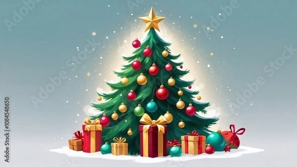 Obraz The most enchanting Christmas tree, in the colours of 2025 - vibrant green, luxurious gold and rich wine-burgundy. The tree radiates warmth and festive charm, decorated with ornaments. 