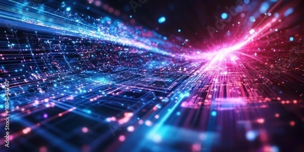 Fototapeta A vibrant abstract representation of digital data flow with glowing particles and lines.