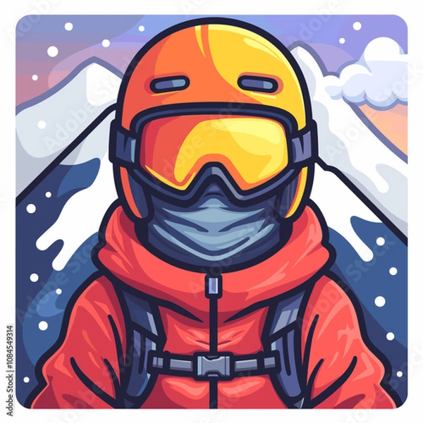 Fototapeta Person in a red jacket and goggles is wearing a yellow helmet. The image is of a snowboarder, and the man is wearing a red jacket and goggles. The man is likely preparing to go snowboarding