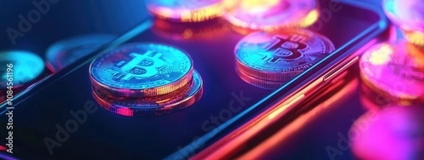 Obraz Cryptocurrency concept image - Digital wallet on phone screen, neon colors, modern technology.