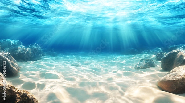 Fototapeta The tropical blue ocean of Hawaii is showcased with white sand and underwater stones, creating a serene ocean background