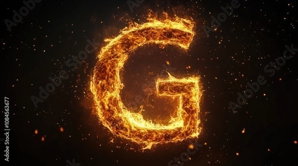 Obraz Photo of the letter G with flames and sparks on a black background. Perfect for vibrant and eye-catching designs.
