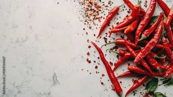Obraz Fresh red chili peppers stacked on a white surface give off a bright color and a spicy flavor, perfect for cooking.