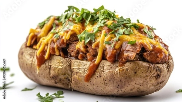 Obraz Photo of delicious baked potatoes stuffed with barbecue and cheese, isolated on white background.