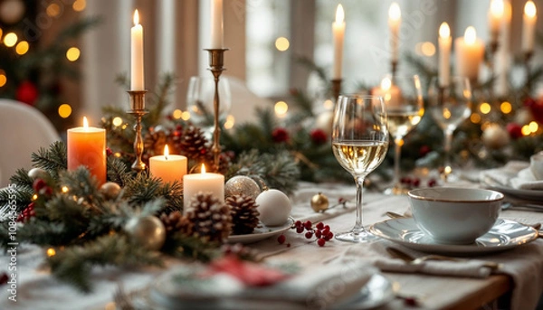 Obraz A beautifully set dining table with candles and holiday decorations inviting guests to a festive dinner in a cozy setting during the winter season