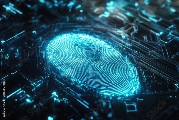 Fototapeta Futuristic technology concept featuring a glowing digital fingerprint in blue light
