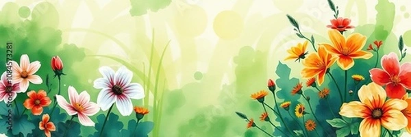 Fototapeta Watercolor impressionist floral painting featuring bold brushstrokes and vibrant colors in a lush green landscape, impressionist, watercolor
