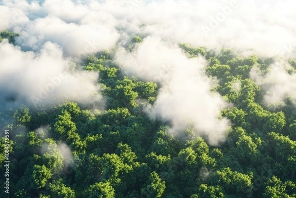 Obraz A plane flies through the sky above a dense and vibrant green forest