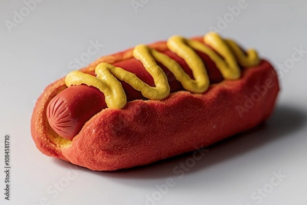 Fototapeta A hot dog topped with yellow mustard and red ketchup, served on a bun
