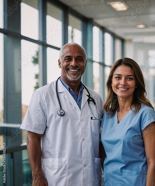 Fototapeta two doctors stand on a light background smiling at the camera in scrubs, one of them is African-American