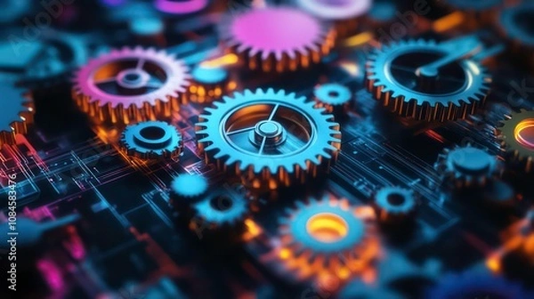 Fototapeta Colorful and abstract of interconnected gears and cogs representing the mechanisms processes and technologies that drive innovative workflows problem solving and strategic development